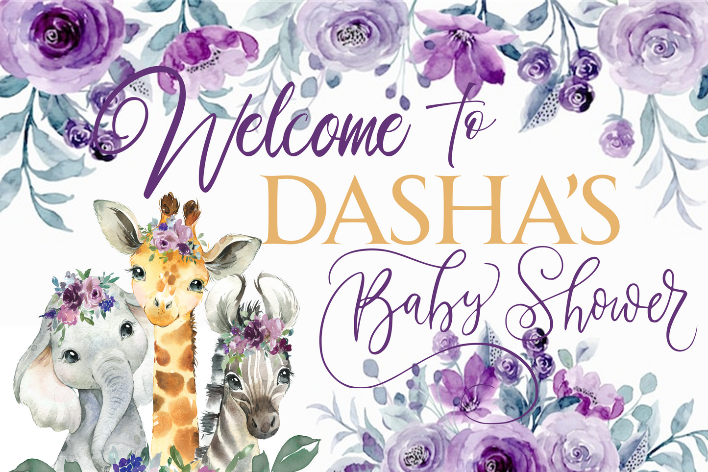 Soft Purple Floral Jungle Welcome Sign - Editable in Canva (36x24)