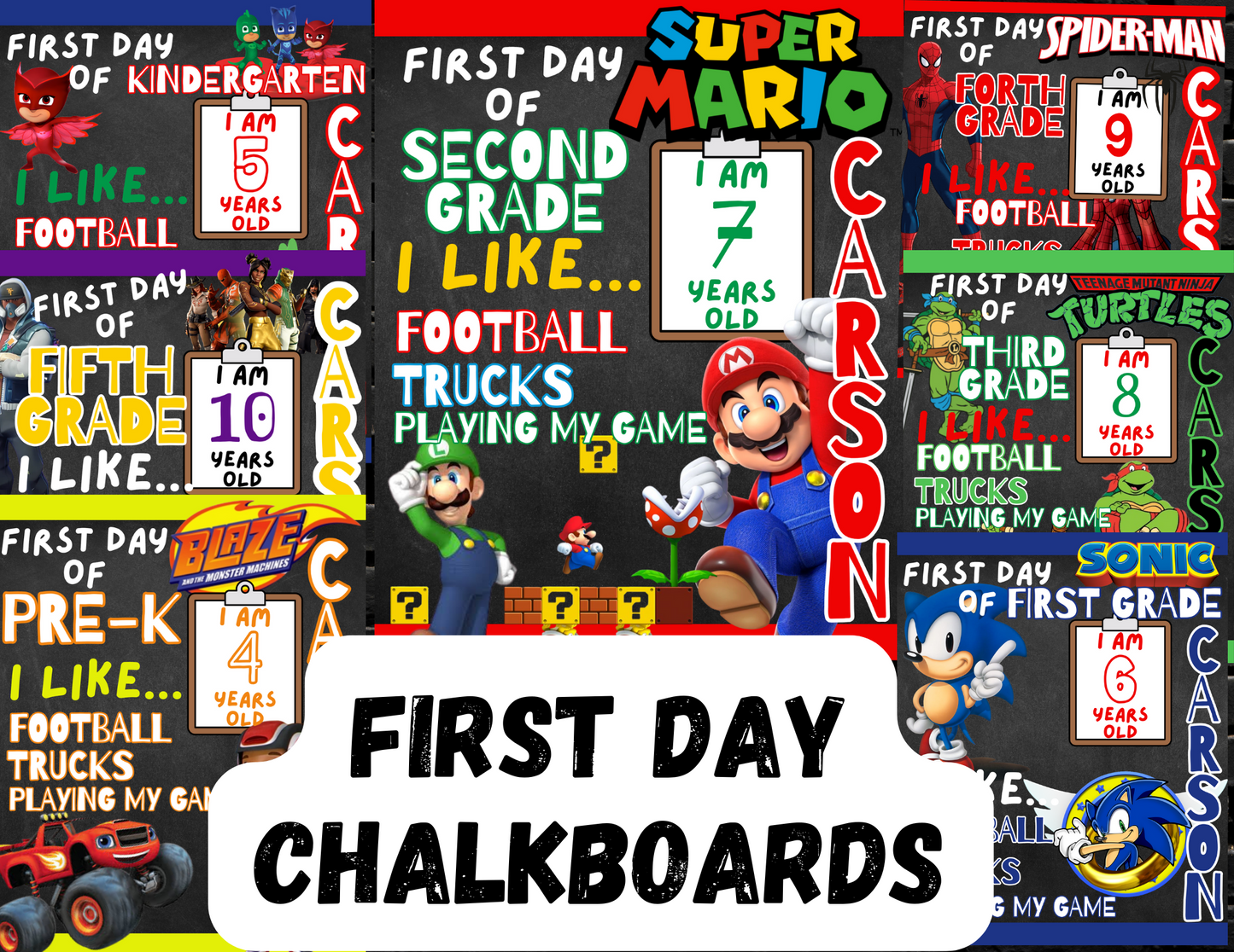 Back-to-School Chalkboards Characters BOY– 16x20 Fully Editable Canva Templates (Instant Download)