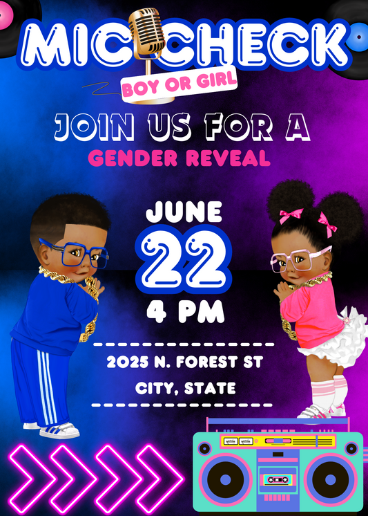 MIC CHECK Gender Reveal Invitation - Editable in Canva (5x7)