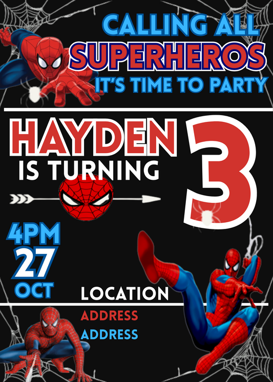 Spiderman Calling All Superheroes Party Invitation - Editable 5x7